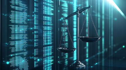 Poster - a scale of justice sits in front of a wall of server racks, representing the concept of digital law 