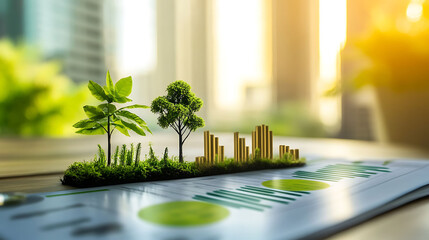 Poster - Green plants growing on a financial report, symbolizing sustainable growth and environmental responsibility.