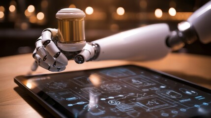 Poster - AI law document displayed on a tablet, legal symbols, and a robotic hand holding a gavel, representing legal standards.