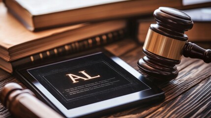Poster - AI regulations document displayed on a digital tablet, surrounded by legal books and a gavel