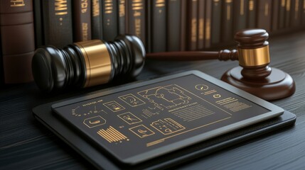 Poster - AI regulations document displayed on a digital tablet, surrounded by legal books and a gavel