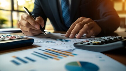 Poster - Businessman analyzing a column chart showing company growth trends through 2029, financial documents and calculator on the desk