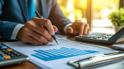 Poster - Businessman analyzing a column chart showing company growth trends through 2029, financial documents and calculator on the desk