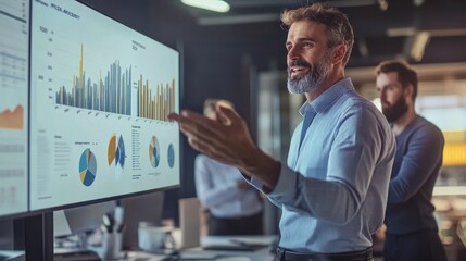 Poster - Businessman presenting a column chart of company progress to a team, focusing on financial goals for 2029.