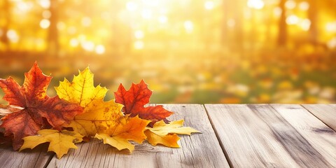 Sticker - Autumn leaves on a wooden table with a blurred forest background.