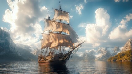 Wall Mural - Majestic Sailing Ship in a Serene Mountain Landscape