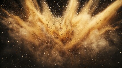 Poster - Dynamic sand explosion featuring vibrant gold splashes set against a striking dark backdrop creating an eye catching artistic display