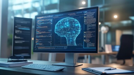 Poster - Computer monitor showing artificial intelligence code with a legal report on AI ethics and standards nearby.
