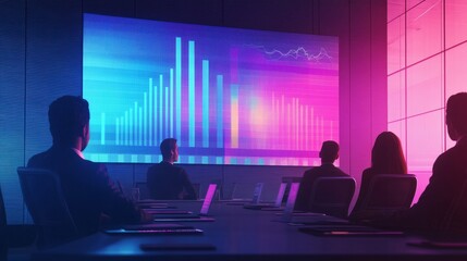 Poster - Corporate meeting with a column chart on a projector screen, showing company growth figures leading to 2029.
