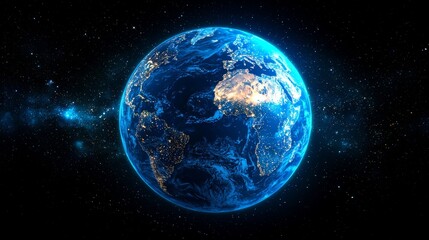 Poster - digital earth spinning with bright continents of computer pixels. digital age, global connectivity, 