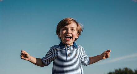 Wall Mural - Excited Caucasian boy wearing striped shirt on plain sky blue background