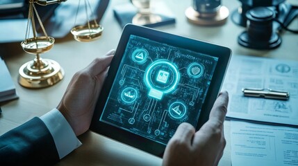 Poster - Hands holding a tablet showing AI ethics regulations, with digital icons and legal documents on the table.