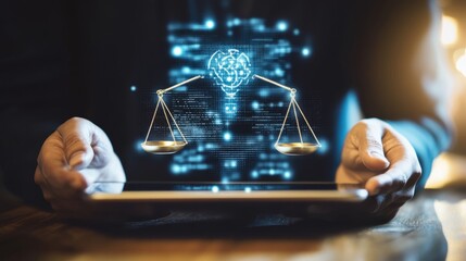 Poster - Hands holding a tablet showing AI ethics regulations, with digital icons and legal documents on the table.