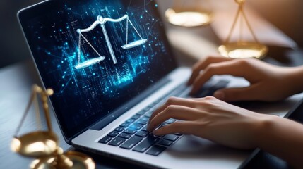 Poster - Hands typing on a laptop displaying a report on AI legal standards and ethical regulations, with legal scales in view.