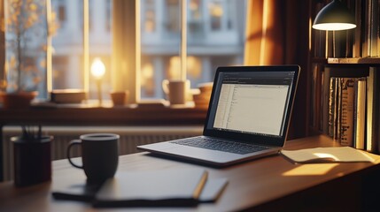 Poster - Home study environment with a laptop displaying an internet lesson, coffee mug and notebook on the desk.