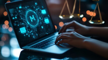 Poster - Hands typing on a laptop displaying a report on AI legal standards and ethical regulations, with legal scales in view.