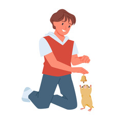 boy playing with cute hamster and toy bell. happy child and pet play together, guy smiling, giving t