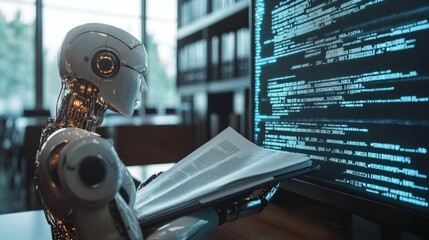 Poster - Lawyer reading a report on AI legal standards with a computer displaying artificial intelligence code beside.