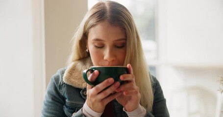 Poster - Woman, drinking coffee and thinking in cafe for relax with aroma, daydreaming and morning routine with smile. Person, customer or warm beverage in restaurant or cafeteria for caffeine, break or happy