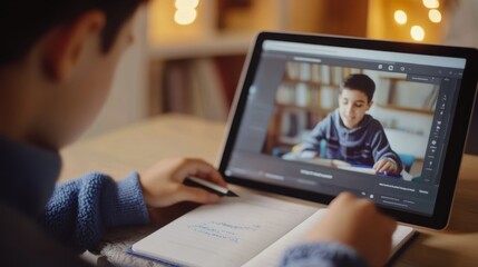 Poster - Online lesson displayed on a tablet, student actively participating in a video tutorial with notes beside.