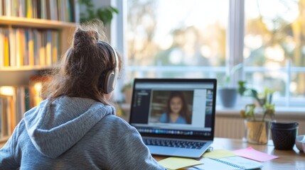 Poster - Person studying at home using a laptop for an online course, attending a video tutorial with notes spread out.