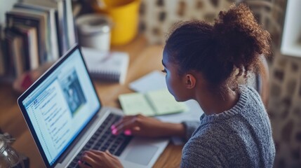 Poster - Person studying at home using a laptop for an online course, attending a video tutorial with notes spread out.