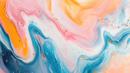 Wall Mural - Abstract fluid acrylic artwork featuring a modern design Marbled hues of pink blue orange and yellow create a dynamic background Ideal for interior posters with a fluid art texture