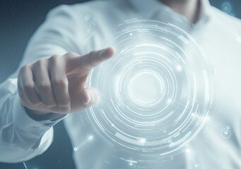 Poster - A person's hand touches a complex circular diagram on a virtual screen with the concepts of innovation, networks, big data, and the internet in the background