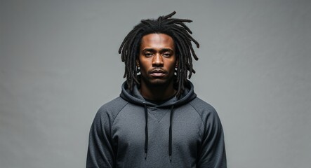 Serious young Black man with dreadlocks wearing hoodie on plain grey background