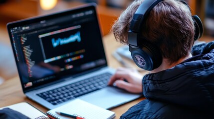 Poster - Student watching an online lesson on a laptop, headphones on, taking notes with a notebook beside.