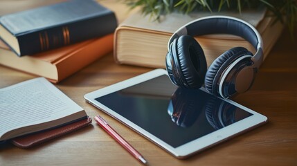 Poster - Video tutorial on a tablet screen with a stylus, headphones, and books laid out for an online learning session.
