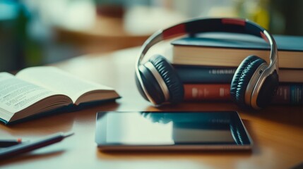 Poster - Video tutorial on a tablet screen with a stylus, headphones, and books laid out for an online learning session.