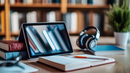 Poster - Video tutorial on a tablet screen with a stylus, headphones, and books laid out for an online learning session.