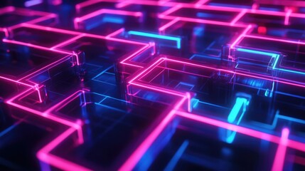 Poster - Neon Line Geometric Maze on Dark Futuristic Background Technology Inspired Wallpaper