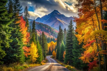 Dappled light filters through the evergreen canopy above, casting intricate patterns on the forest floor, a kaleidoscope of autumn colors, while the winding road stretches out