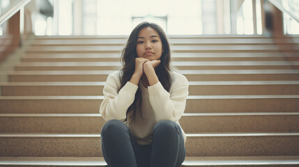 A female student, sitting with both feet tucked under two steps, holding her chin in her right hand, gazing blankly ahead, lost in her thoughts on a quiet staircase photo