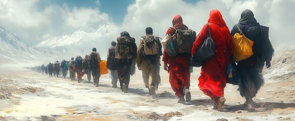 poignant scene of diverse refugees carrying belongings walking towards uncertain future muted colors and expressive faces convey struggle resilience and hope amid displacement