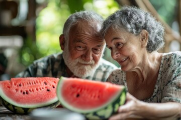 Wall Mural - senior woman man couple love elderly watermelon fruit eating food fun togetherness summer cheerful happy smiling together enjoyment healthy eating fresh, Generative AI