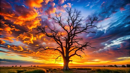 Wall Mural - A grand dead tree silhouette contrasted by a vivid sunset sky, showcasing the tranquil beauty of nature in a stunning display of colors and serenity.