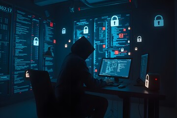 Poster - A hacker leans back in their chair, surrounded by an immersive tech setup.