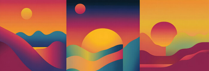 Wall Mural - 70s color gradient posters with groovy geometric shapes. Perfect for retro wall art, cards, and banners- 