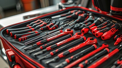 Set collection of red screwdriver work tool in open case on the wooden table closeup, handyman home repair kit toolbox