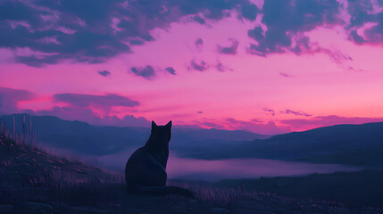 Naklejka na meble A cat gazing onto a horizon line with gentle colors at sunset, capturing a moment of solitude and tranquility in nature
