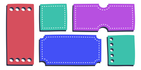 Poster - Empty text frames with stabbing, hand drawn tickets and coupons, colorful text and message boxes with flat shadow. Vector illustration.
