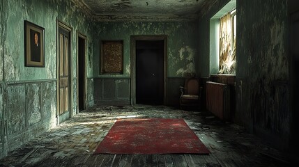 Poster - Abandoned Hallway with Red Carpet and Dust