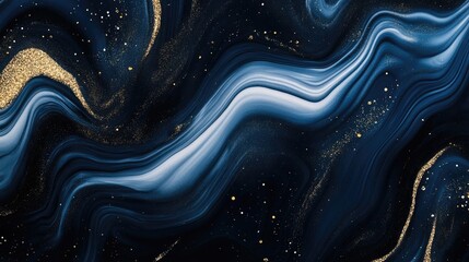 Poster - abstract fluid art featuring wavy textures in dark blue adorned with white zigzag lines and golden g