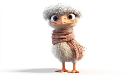 Poster - Adorable ostrich dressed in winter attire isolated on a white background showcasing a cheerful demeanor as a cartoon mascot character