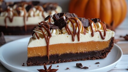 Double-layer pumpkin cheesecake with whipped cream and caramel, close-up on white plate