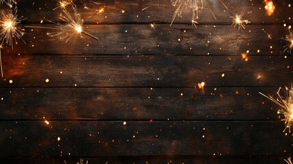 Poster - Panoramic banner featuring fireworks sparklers and bokeh lights on rustic wooden texture top view with space for text