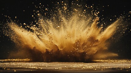 Poster - Dynamic sand explosion featuring vibrant gold splashes set against a striking dark backdrop creating an eye catching artistic display
